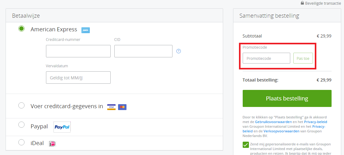 Groupon kortingscode veld